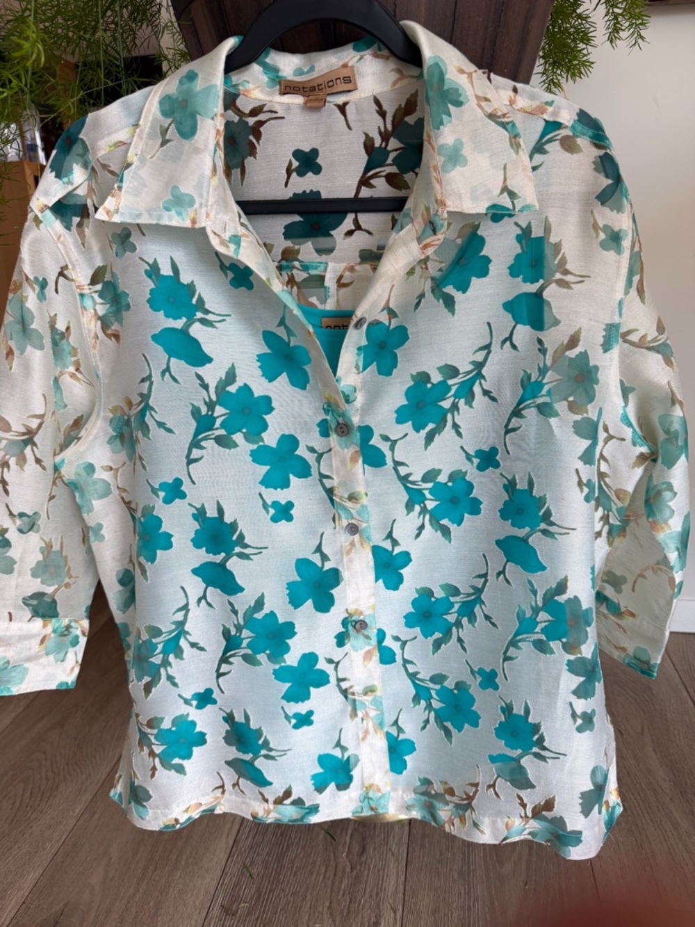 Notations Teal Floral Sheer Button-Up Blouse